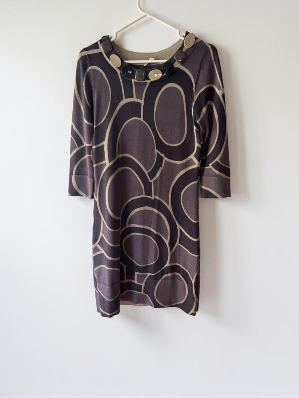 Boden wool sweater dress featuring a gray-purple and tan geometric oval print